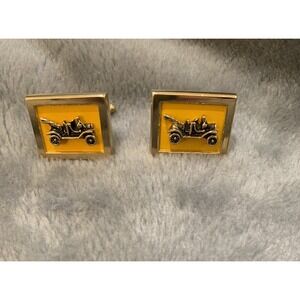 Vintage SWANK Antique Car Gold Square Yellow Enamel Cufflinks Signed